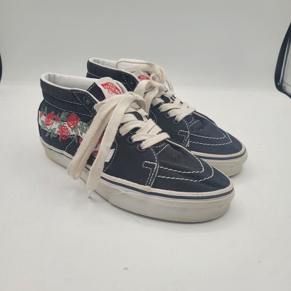 VANS Off Wall SK8 Lace Sneakers Shoes Black Embroidered Rose Mid Top W7.5 M6 - Picture 4 of 9